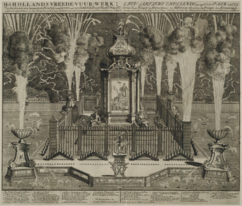 28790 Afbeelding van het vuurwerk in de Hofvijver in Den Haag op 14 juni 1713, ter gelegenheid van het sluiten van de ...